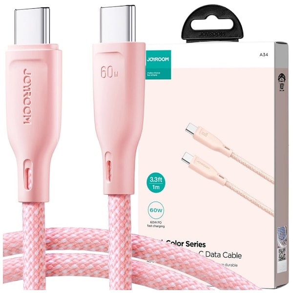 Joyroom Multi-Color Series SA34-CC3 USB-C / USB-C-kabel 60W rask overføring 1m - rosa