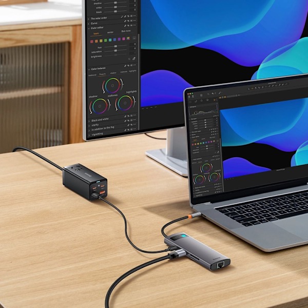 BASEUS HUB 8IN1 USB-C TIL USB-C PD / 3X USB-A / HDMI / RJ-45 / SD TF GRÅ