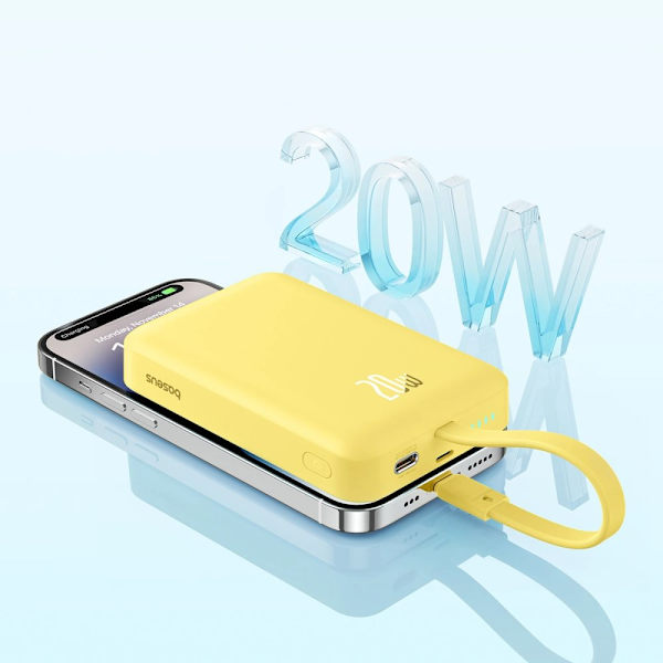 Baseus Magnetic Mini MagSafe 10000mAh 20W strømforsyning med innebygd Lightning-kabel - gul + Baseus Simple Series USB-C - USB-C 60W