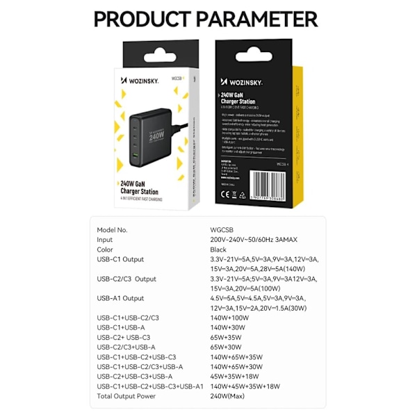 Wozinsky WGCSB 240W GaN vegglader USB-A / 3 x USB-C - svart