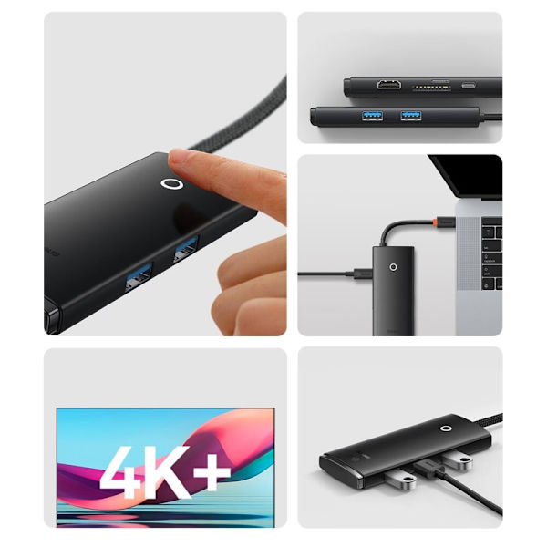 Baseus Lite Series Multifunksjon USB Type C HUB - 2 x USB 3.0 / USB Type C PD / HDMI 1.4 / SD/TF Svart (WKQX050101)