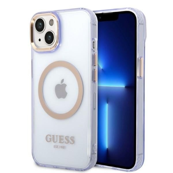 Guess GUHMP14SHTCMU iPhone 14 6.1 lilla/lilla hardt deksel Gold Outline gjennomsiktig MagSafe