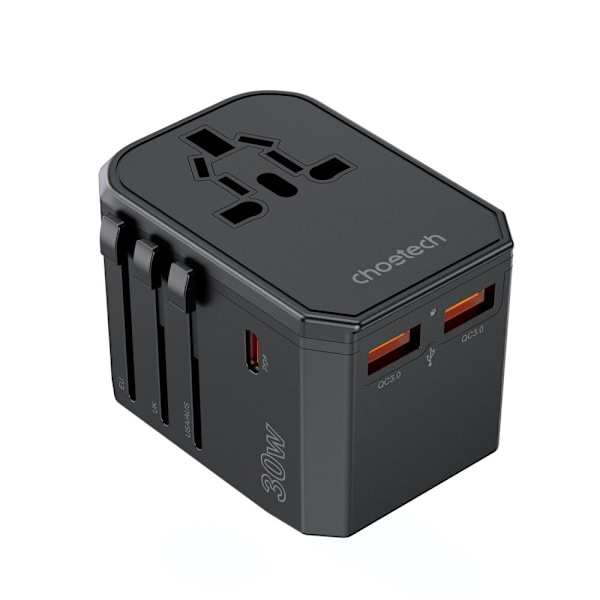 CHOETECH PD6041 USB-C USB-A PD 30W REJSEOPLADER MED 4 US EU UK AU-STIK - SORT