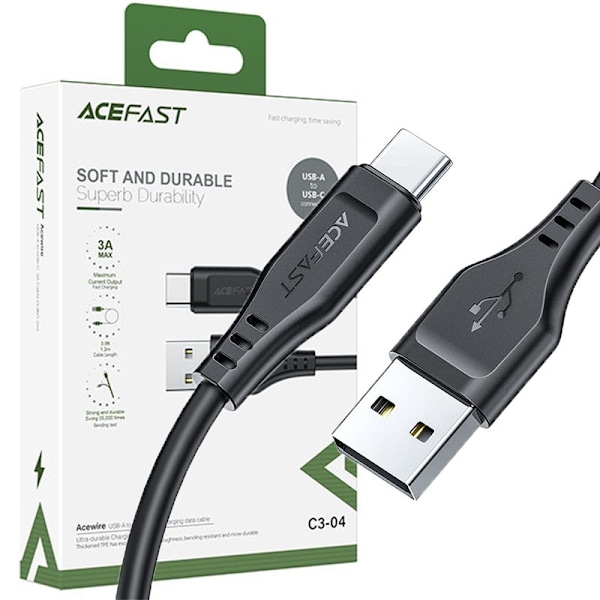 ACEFAST KABEL LANG STÆRK HOLDBAR USB - USB C 1.2M, 3A SORT