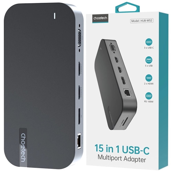 Choetech M52 USB-C HUB - USB-C PD/USB-C/USB-A/HDMI/VGA/DP/SD/TF/RJ45/AUX - grå