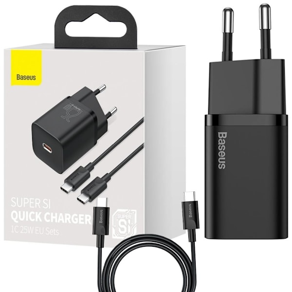 Baseus Super Si hurtiglader Quick Charge 3.0 Strømforsyning 25W 3A + kabel USB Type C - USB Type C 3A 1m svart (TZCCSUP-L01) Svart