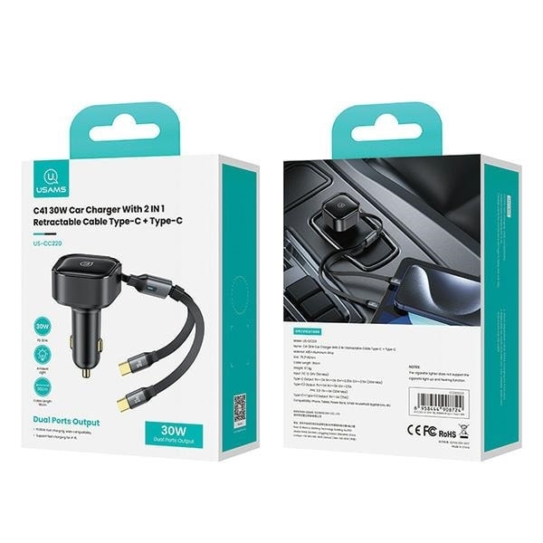 USAMS Lad. ensam. med infällbar kabel 2xUSB-C C41 PD 30W Snabbladdning svart/svart CC220CC01 (US-CC220)