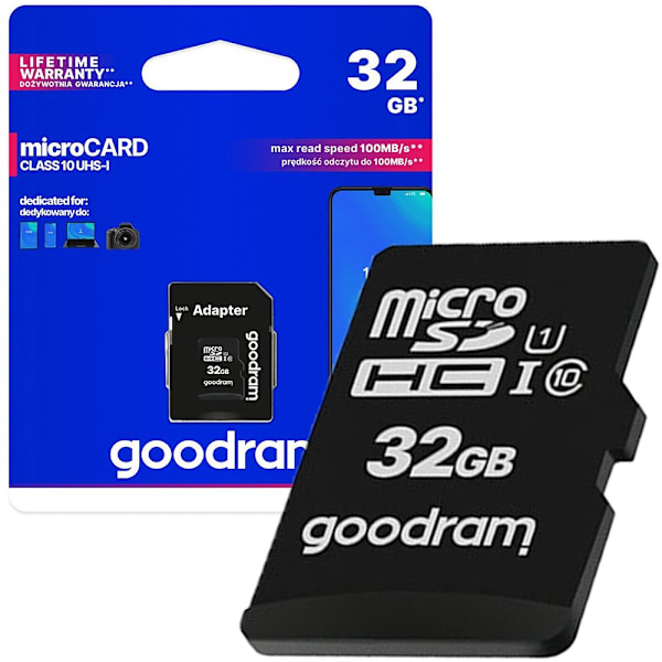 Goodram Microcard 32 GB micro SD HC UHS-I klasse 10 minnekort, SD-adapter (M1AA-0320R12)