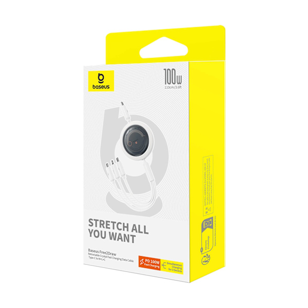 BASEUS FREE2DRAW CB000084 UDTRÆKKELIG USB-C - LIGHTNING / USB-C / MICRO USB-KABEL 100W 1,1M - HVID