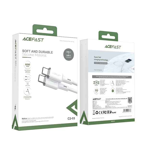 Acefast-kabel USB Type C - USB Type C 1,2m, 60W (20V/3A) hvit (C2-03 hvit)