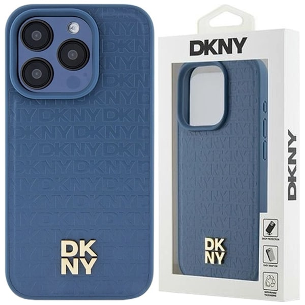 DKNY skinnmonogrammønster metalllogo MagSafe-deksel til iPhone 15 Pro - Blå