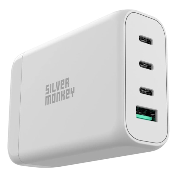 Silver Monkey SMA152 130 W GaN-lader 3xUSB-C PD USB-A QC 3.0 med avtakbar strømledning - hvit