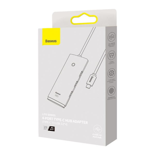 Baseus Lite-serien HUB-adapter USB Type C - 4x USB 3.0 25 cm svart (WKQX030301)