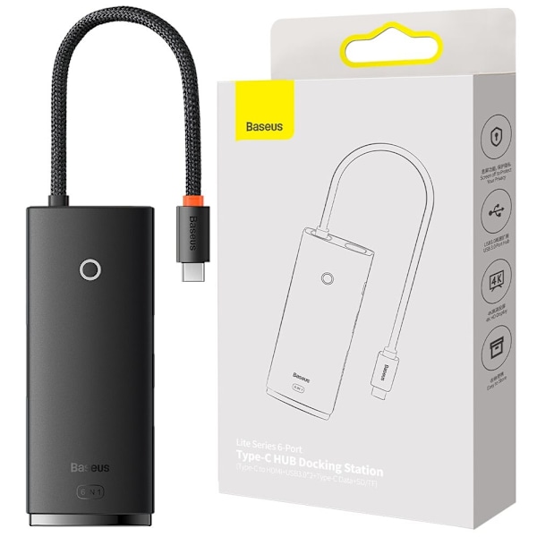 Baseus Lite Series Multifunksjon USB Type C Hub - 2 x USB 3.0 / USB Type C / HDMI 1.4 / SD/TF Svart (WKQX050001)