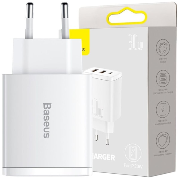 Baseus Kompakt hurtiglader 2x USB / USB Type C 30W 3A Strømforsyning Hurtiglading hvit (CCXJ-E02) Vit