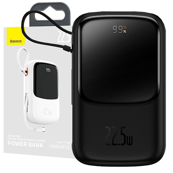 Baseus Qpow Digital Display Powerbank med hurtiglading 10000mAh 22,5W QC/PD/SCP/FCP med innebygd USB-C-kabel Svart Svart