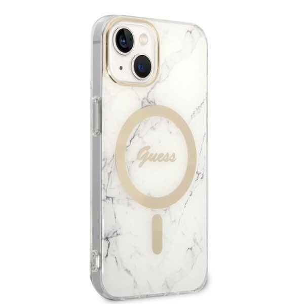 Guess sett MagSafe lader + etui for iPhone 14 Plus 6.7 hvit marmortelefon (GUBPP14MHMEACSH)