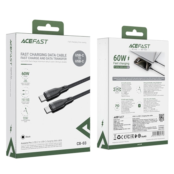 ACEFAST C8-03 USB-C / USB-C 60W 3A KABEL - SORT