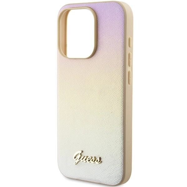 Guess Saffiano Iridescent Script-deksel til iPhone 15 Pro - Gull