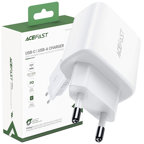 ACEFAST HURTIG NETVÆRKSLADER USBC/USB 20W PPS PD QC3.0 AFC FCP HVID