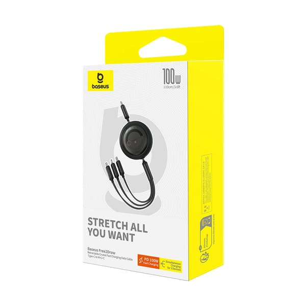 BASEUS FREE2DRAW CB000084 UDTRÆKKELIG USB-C - LIGHTNING / USB-C / MICRO USB-KABEL 100W 1,1M - SORT