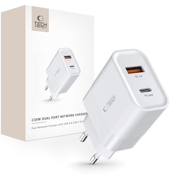 TECH-PROTECT C30W 2-PORTS AC-LADER PD30W/QC3.0 HVIT