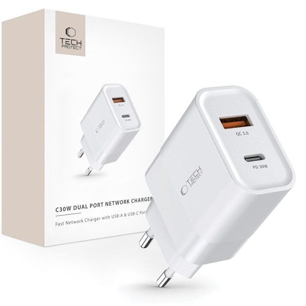 TECH-PROTECT C30W 2-PORTS NETVÆRKSOPLADER PD30W/QC3.0 HVID