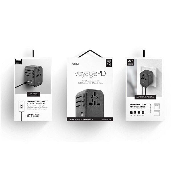 En unik gutt. til nettverket. Voyage World Adapter 33W + 2xUSB + PD 18W + QC 3.0 - grå (LITHOS Collective)