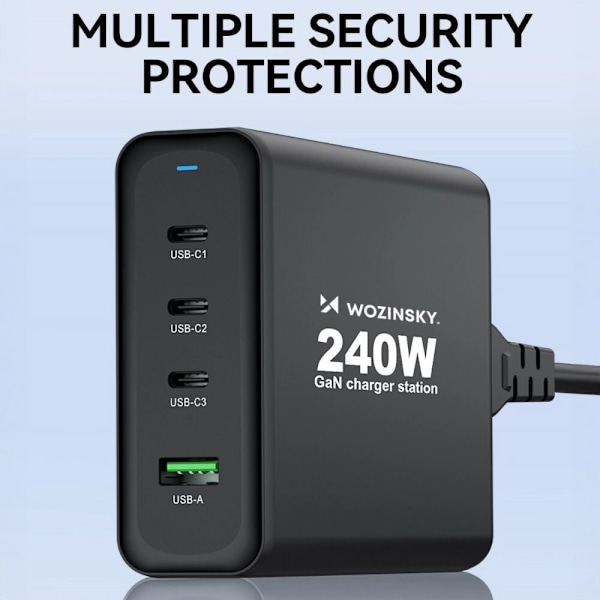 Wozinsky WGCSB 240W GaN vegglader USB-A / 3 x USB-C - svart