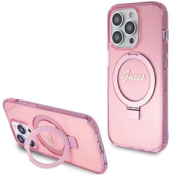 Guess Ring Stand Script Glitter MagSafe beskyttelsesdeksel til iPhone 15 Pro - rosa