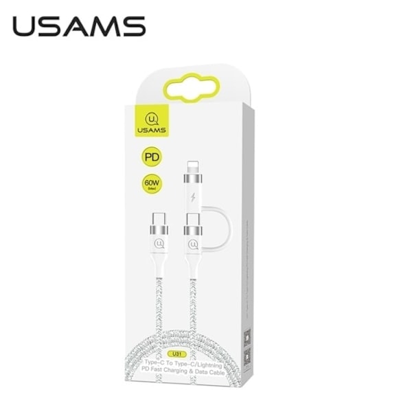 USAMS Flätad kabel U31 USB-C till USB-C /blixt 60W PD Snabbladdning vit/vit SJ403USB02 (US-SJ403)