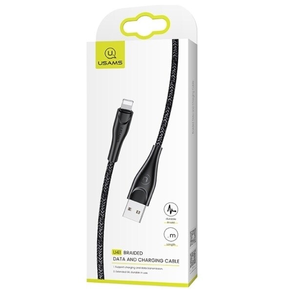 USAMS Flätad kabel U41 lightning 2m 2A svart/svart SJ394USB01 (US-SJ394) Snabbladdning