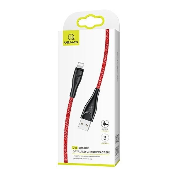 USAMS Flätad kabel U41 lightning 3m 2A röd/röd SJ397USB02 (US-SJ397) Snabbladdning