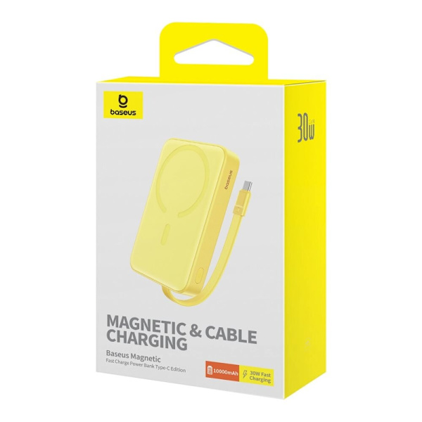 Baseus Magnetic Mini MagSafe 10000mAh 30W strømforsyning med innebygd USB-C-kabel - gul + Baseus Simple Series USB-C - USB-C 60W 0.3