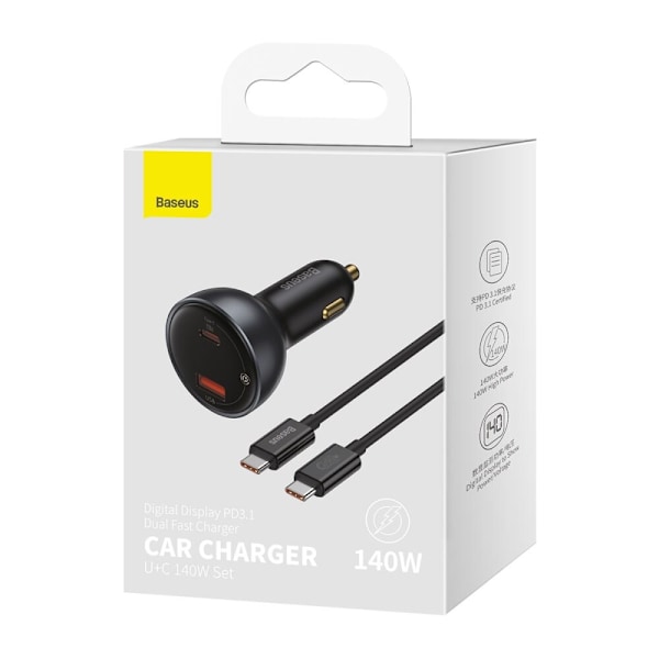 Baseus Digital Display hurtiglader USB-A / USB-C PD3.1 140W svart + USB-C-kabel Baseus Superior Series 5A 240W 1m svart (CGZX070001)