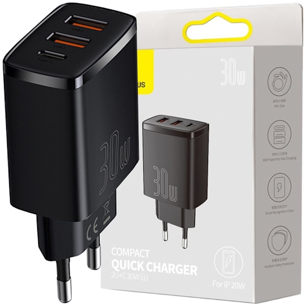 Baseus Kompakt hurtiglader 2x USB / USB Type C 30W 3A Strømforsyning Quick Charge svart (CCXJ-E01) Svart