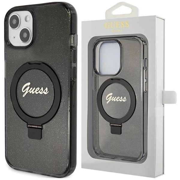 Guess Ring Stand Script Glitter MagSafe-deksel til iPhone 15 Plus / 14 Plus - Svart