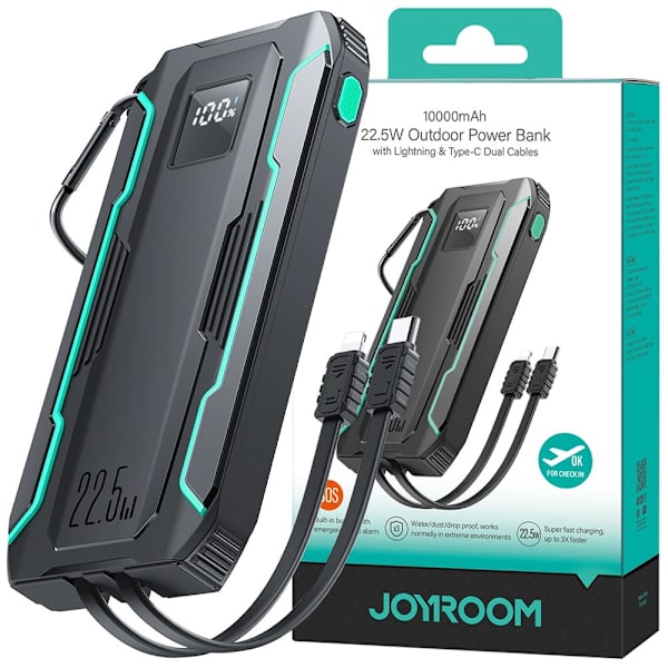 Joyroom JR-L017 22,5 W 10 000 mAh Powerbank med innebygd USB-C / Lightning-kabel - Svart