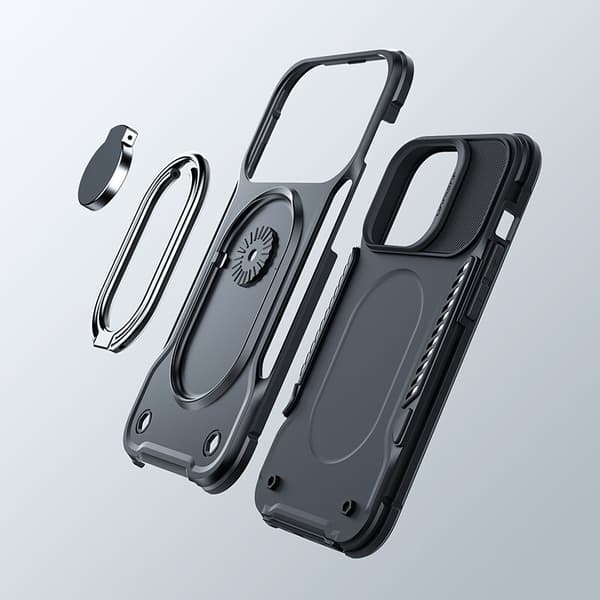 Joyroom Dual Hinge iPhone 14-deksel, pansret deksel med stativ, ringholder, sort