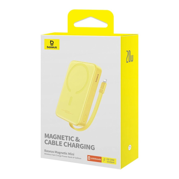 Baseus Magnetic Mini MagSafe 10000mAh 20W strømforsyning med innebygd Lightning-kabel - gul + Baseus Simple Series USB-C - USB-C 60W