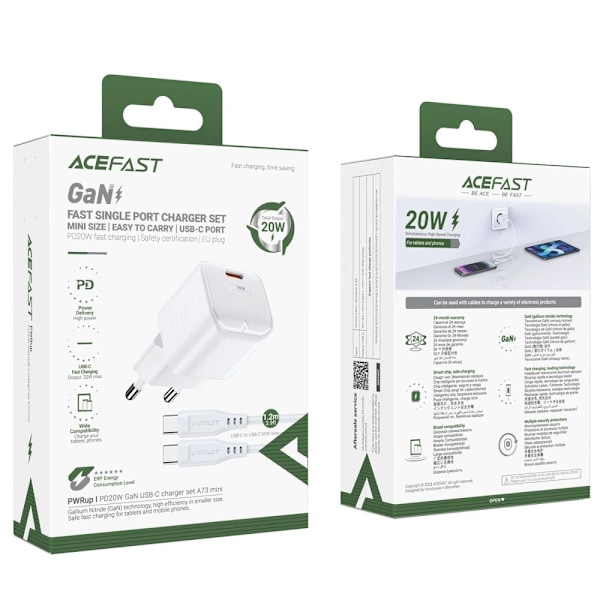 Acefast A73 Mini PD 20W GaN vegglader + USB-C kabel - hvit