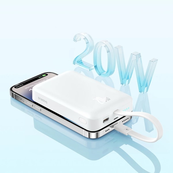 Baseus Magnetic Mini MagSafe 10000mAh 20W strømforsyning med innebygd Lightning-kabel - hvit + Baseus Simple Series USB-C - USB-C 60W