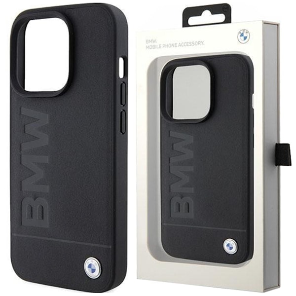 BMW Leather Hot Stamp deksel til iPhone 15 Plus - svart