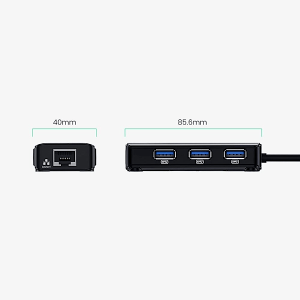 Ugreen 20265 USB-A / RJ45 1000 Mbps HUB 3x USB 3.0 nettverksadapter - svart
