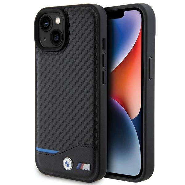 BMW LÆDER CARBON ETUI TIL IPHONE 15 - SORT