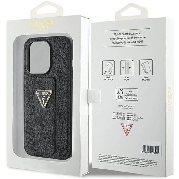 Guess Grip Stand 4G Triangle Strass-deksel til iPhone 15 Pro - Svart