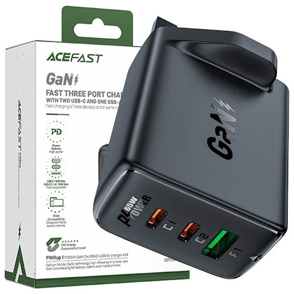 Acefast GaN lader 65W 3 porter (1xUSB, 2xUSB C PD) UK plugg svart (A44)