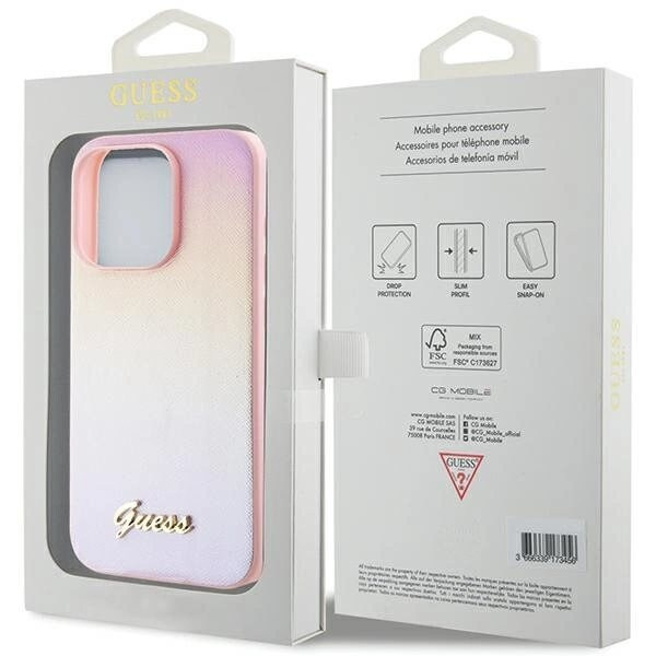 Guess Saffiano Iridescent Script-deksel til iPhone 15 Pro - Rosa