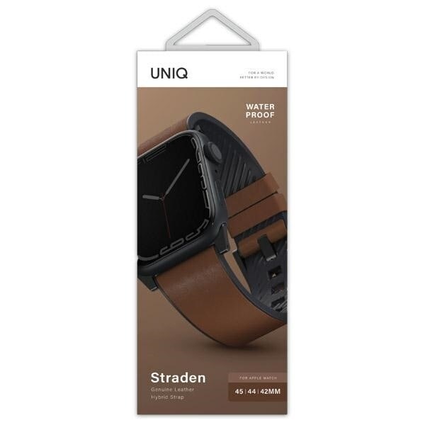 UNIQ armbånd Strade Apple Watch Series 1/2/3/4/5/6/7/8/SE/SE2/Ultra 42/44/45/49mm. Hybridstropp i skinn brun/brun