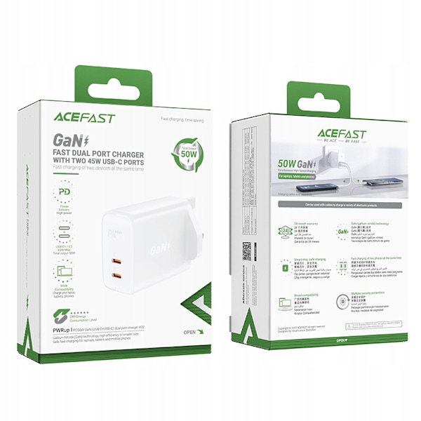 ACEFAST OPLADER (UK STIK) 2XUSBC 50W PD PPS Q3 3.0 AFC FCP
